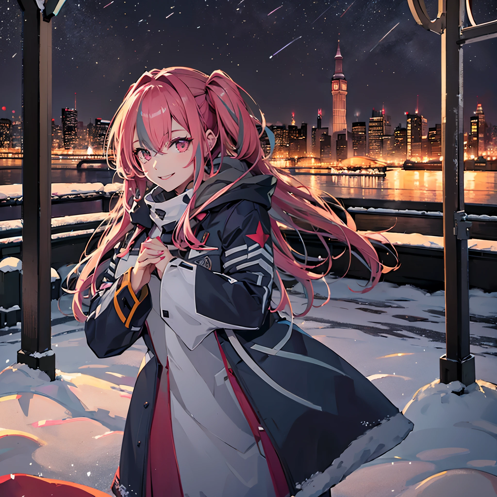 a woman wearing a long cold coat, in a big city full of snow, with the place snowing, smiling.