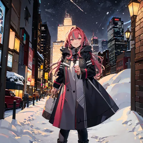 a woman wearing a long cold coat, in a big city full of snow, with the place snowing, smiling.