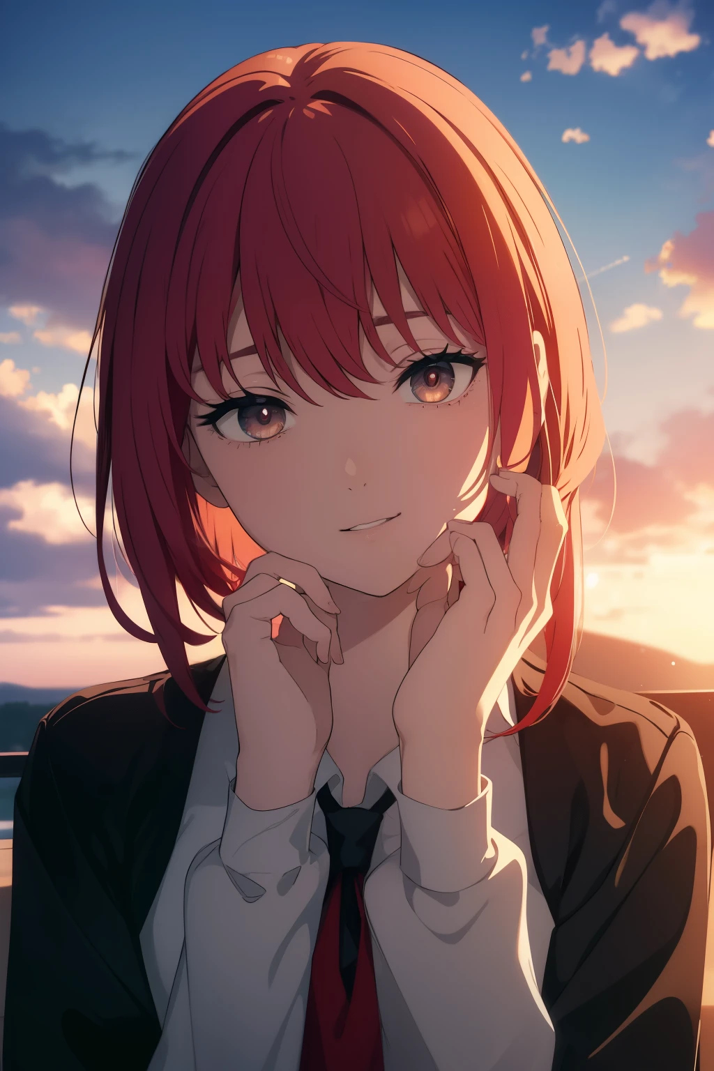 ((((Obra maestra, La mejor calidad, ultrahigh resolution)))), beautiful face, beautiful girl, 1girl, looking at viewer, standing, upper body, red hair, beautiful face, outside, wind blowing, detailed face, eyeliner, detailed red gradient eyes, shiny red eyes, black pupils, , face focus, pretty smile, happy, teeth, wide smile
