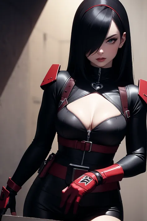 a woman dressed in a stylized ninja outfit, predominantly black with red accents, suggesting a blend of traditional ninja garb w...