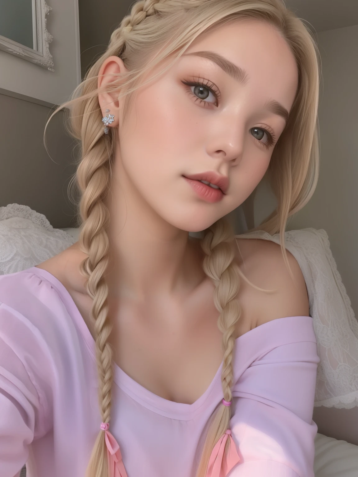 A woman with long blonde hair wearing a pink top and a braid - SeaArt AI