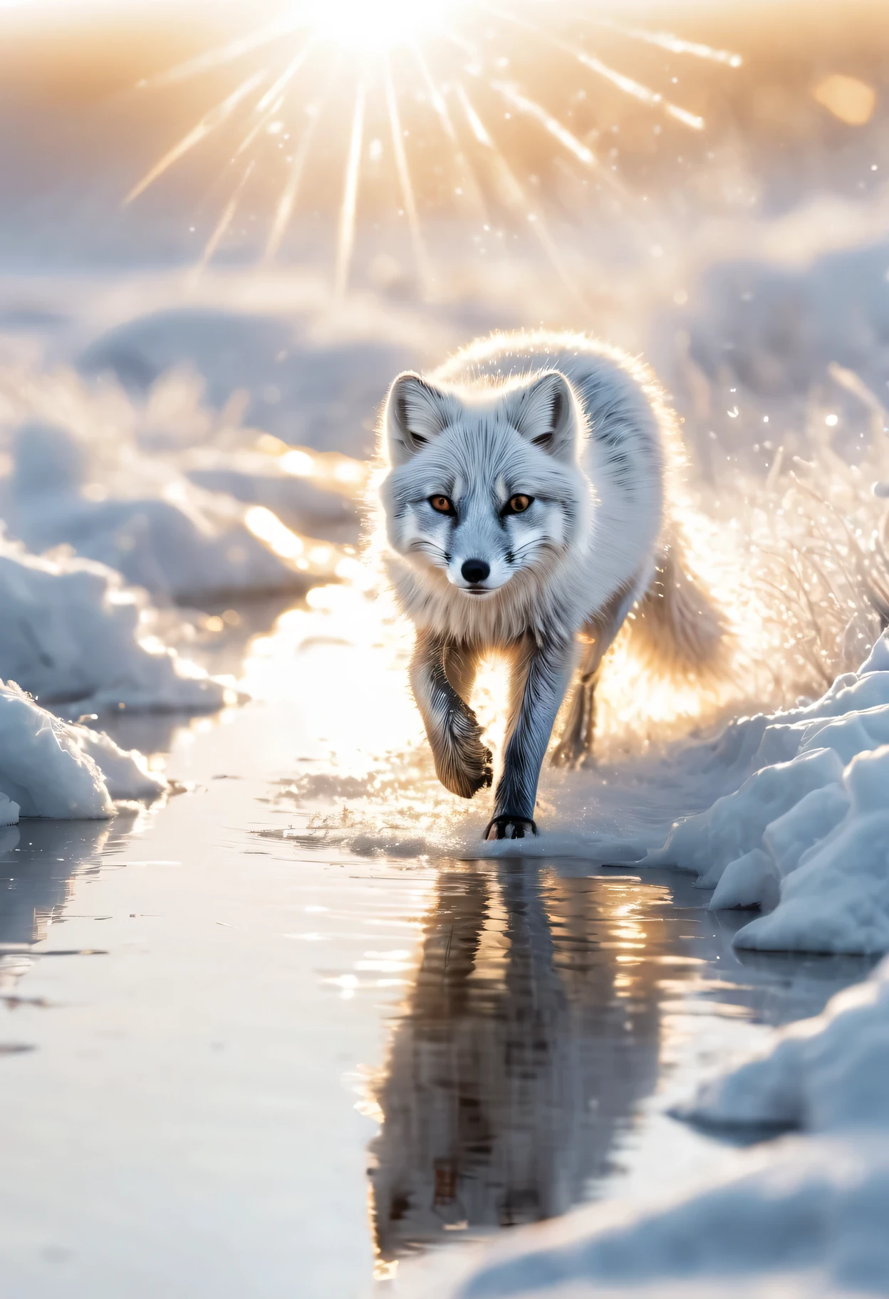 Digital artwork using liquid metal technology，Depicting an arctic fox on the run，The texture of white gold flows and blends，Capture the reflection of sunlight，Create a feeling