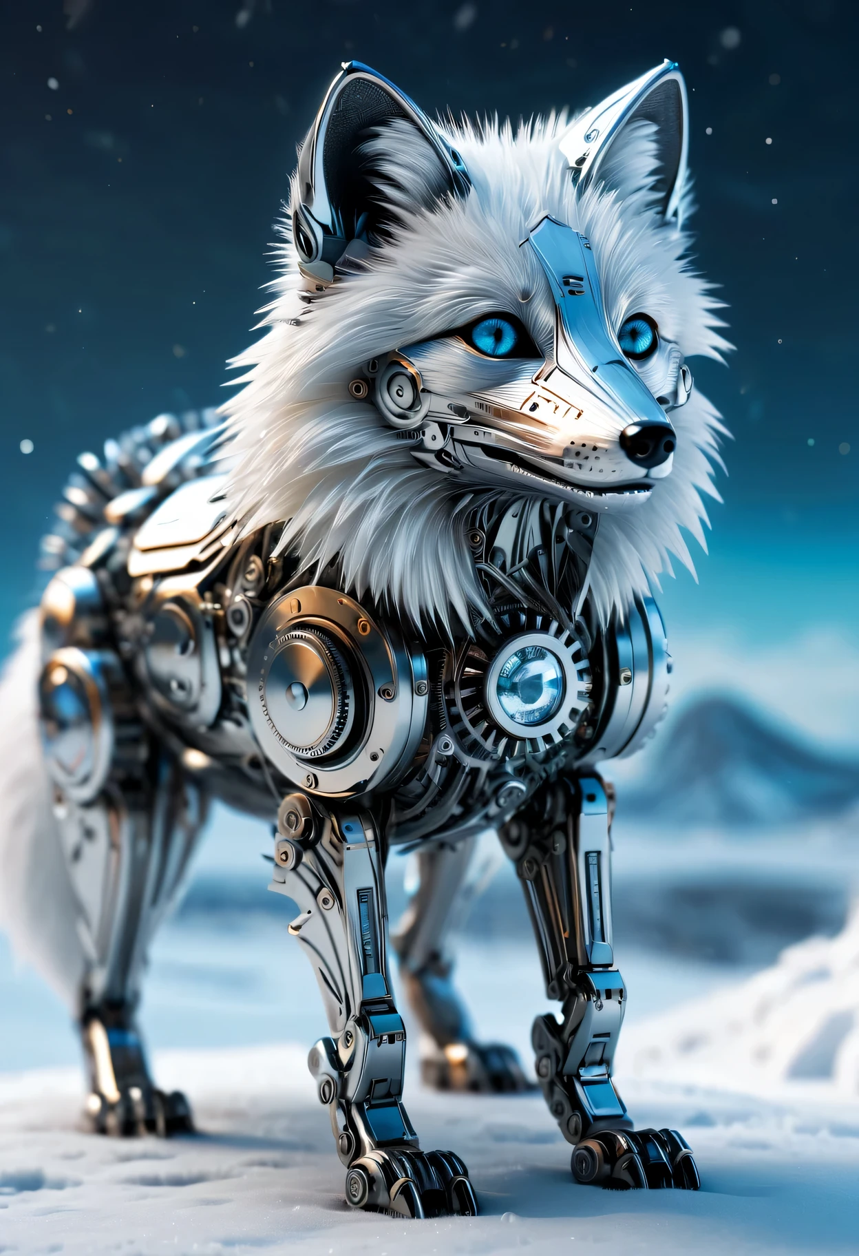 Digital artwork using liquid metal technology，Depicting an arctic fox on the run，The texture of white gold flows and blends，Capture the reflection of sunlight，Create a feeling