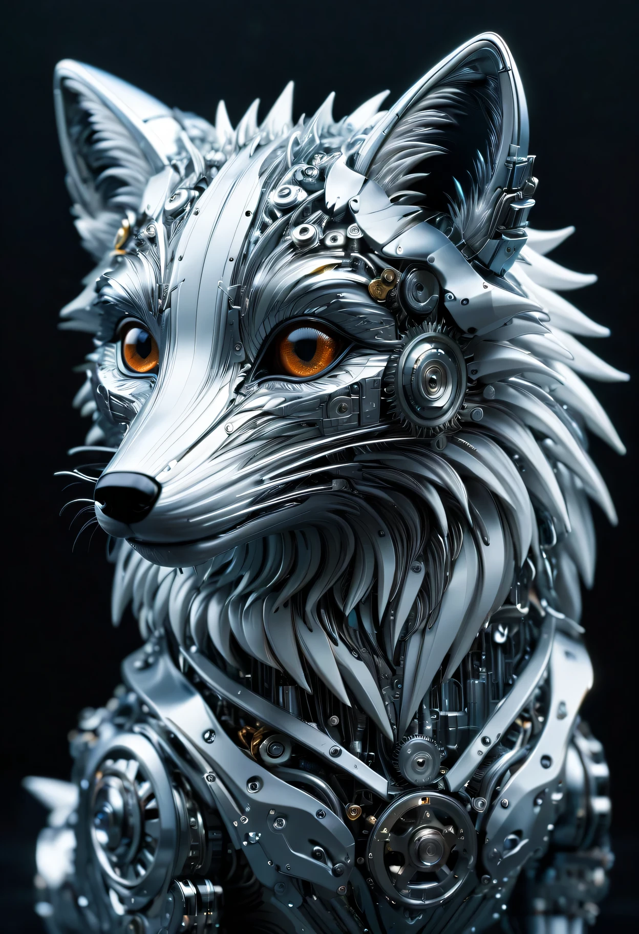 Digital artwork using liquid metal technology，Depicting an arctic fox on the run，The texture of white gold flows and blends，Capture the reflection of sunlight，Create a feeling