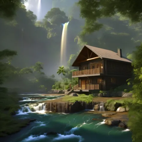 a cozy cabin in a tropical forest with a waterfall in the distance, canal on both sides, ultra realistic, detailed