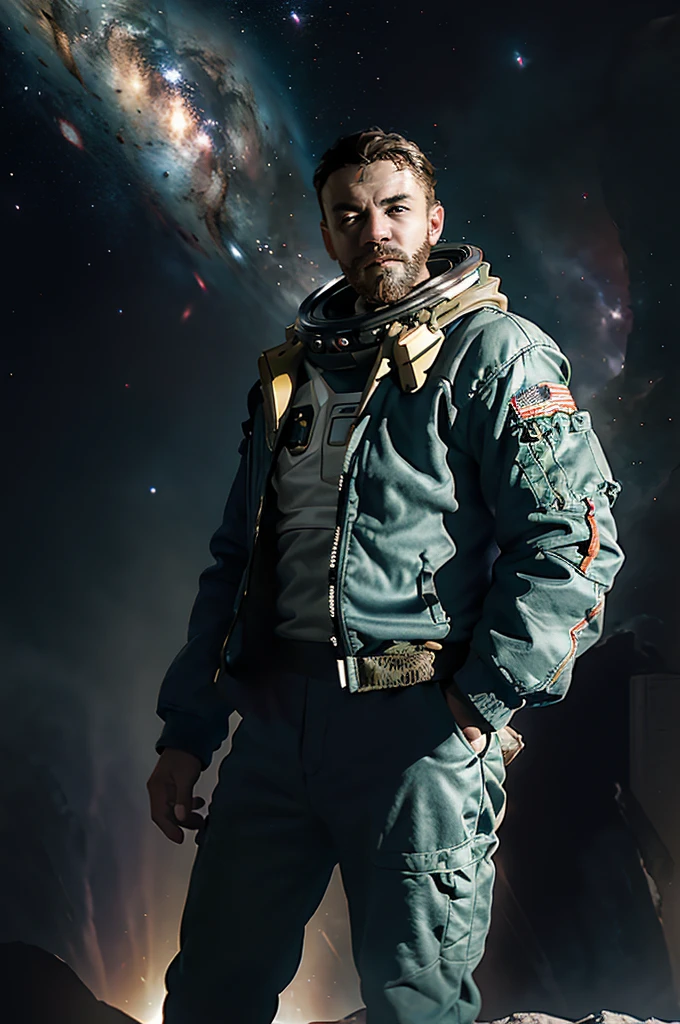 In the foreground stands a male astronaut, his figure outlined in the radiant glow of his bright green spacesuit. The suit fits snugly around his form, accentuating the defined lines of his physique. His helmet, sealed tight against the vacuum of space, frames a face adorned with a meticulously groomed beard, adding a touch of ruggedness to his otherwise futuristic appearance. With arms confidently crossed over his chest, he exudes an air of authority and readiness for the challenges of space exploration. Behind him, the vast expanse of the galaxy stretches out into infinity, a breathtaking tapestry of stars, nebulae, and distant planets. The colors swirl and dance in cosmic harmony, painting a mesmerizing backdrop to the lone figure in the foreground. Affixed to the astronaut's back is a sleek jet pack, its thrusters poised for action should the need arise for swift maneuvering in the weightlessness of space. Against the backdrop of the cosmos, he stands as a symbol of humanity's indomitable spirit of exploration and adventure, ready to push the boundaries of the unknown