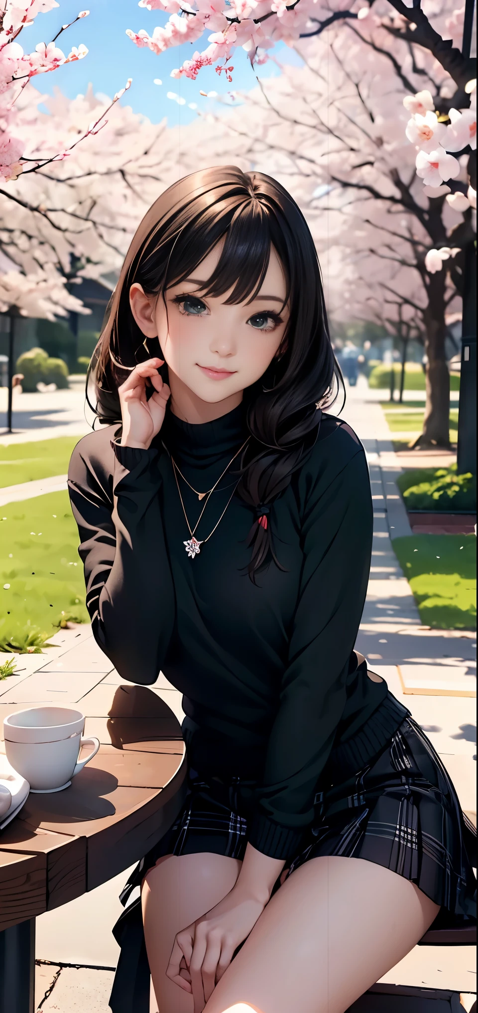 ((table top, highest quality, High resolution, nffsw, perfect pixel, Depth of written boundary, 4k, nffsw, nffsw))), 1 girl, single, alone, beautiful anime girl, beautiful art style, anime character, ((long hair, bangs, brown hair)), ((green eyes:1.4, round eyes, beautiful eyelashes, realistic eyes)), ((detailed face, blush:1.2)), ((smooth texture:0.75, realistic texture:0.65, realistic:1.1, Anime CG style)),  dynamic angle, ((black sweater, long sleeve, black skirt, plaid skirt, Snazzy, 1 diamond necklace)), smile,  amusement park, ((cherry blossoms, cherry blossomsの花が散る))