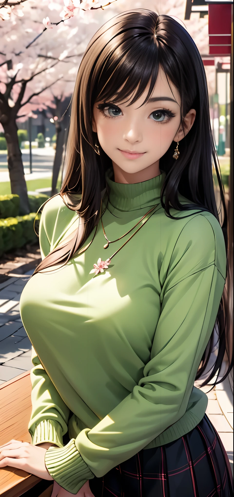 ((table top, highest quality, High resolution, nffsw, perfect pixel, Depth of written boundary, 4k, nffsw, nffsw))), 1 girl, single, alone, beautiful anime girl, beautiful art style, anime character, ((long hair, bangs, brown hair)), ((green eyes:1.4, round eyes, beautiful eyelashes, realistic eyes)), ((detailed face, blush:1.2)), ((smooth texture:0.75, realistic texture:0.65, realistic:1.1, Anime CG style)),  dynamic angle, ((black sweater, long sleeve, black skirt, plaid skirt, Snazzy, 1 diamond necklace)), smile,  amusement park, ((cherry blossoms, cherry blossomsの花が散る))