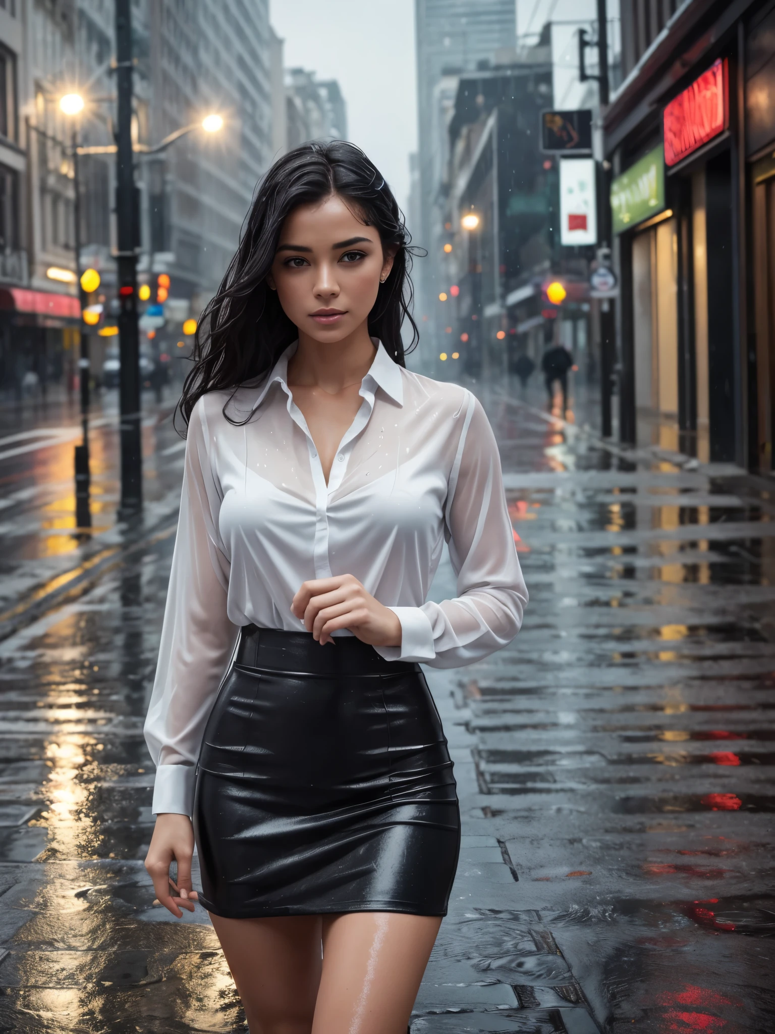 (best quality,4k,8k,highres,masterpiece:1.2),ultra-detailed,(realistic,photorealistic,photo-realistic:1.37),gorgeous woman wearing a white shirt dress,standing in a heavy rain,all wet,raindrops glistening on her face,tendrils of wet hair clinging to her cheeks,gently running mascara streaks,rain-soaked clothing revealing her silhouette,vibrant colors contrasting with the gray sky,dripping water creating a puddle at her feet,faint reflections of streetlights in the rain-soaked ground,dramatic lighting accentuating her features,expressive eyes filled with a mix of determination and vulnerability,wet flowers adorning the wet pavement,creating a romantic and melancholic ambiance,blurry raindrops falling in the background,adding depth and movement to the scene.