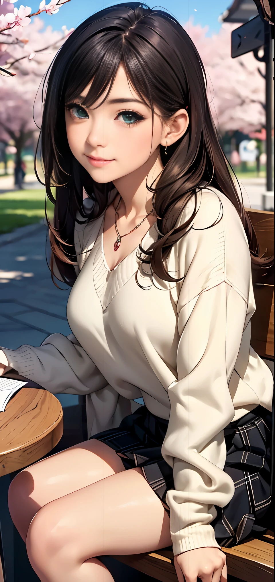 ((mesa, de la máxima calidad, alta resolución, nffsw, Píxel perfecto, Profundidad del límite escrito, 4k, nffsw, nffsw))), 1 chica, Soltero, alone, hermosa chica anime, Hermoso estilo artístico, personaje animado, ((pelo largo, golpes, Pelo castaño)), ((ojos verdes:1.4, ojos redondos, Hermosas pestañas, Realista eyes)), ((cara detallada, rubor:1.2)), ((Textura suave:0.75, Realista texture:0.65, Realista:1.1, estilo anime cg)),  ángulo dinámico, ((Suéter negro, manga larga, falda negra, falda a cuadros, elegante, 1 collar de diamantes)), sonrisa,  parque de atracciones, ((Flores de cerezo, Flores de cerezoの花が散る))