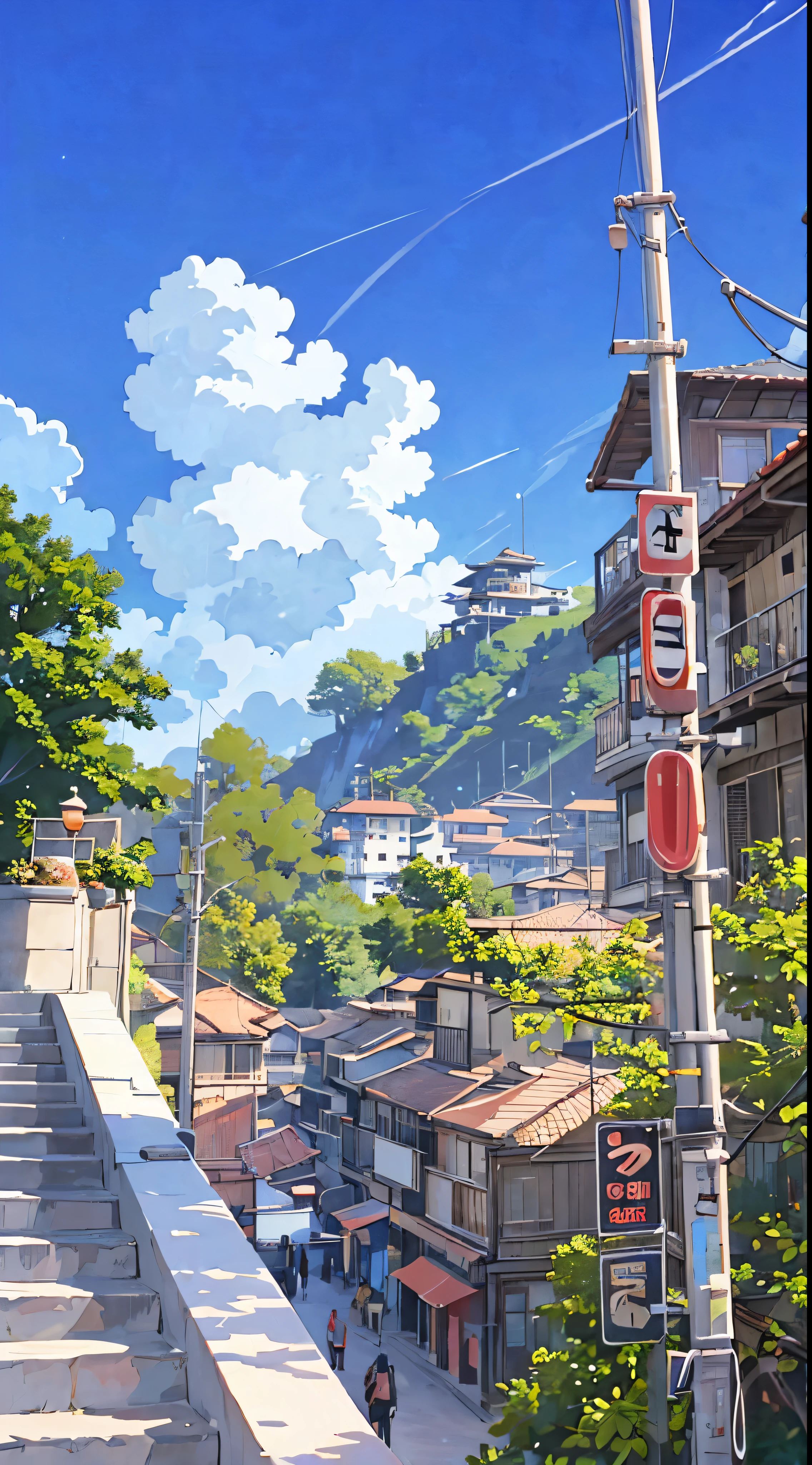 uma pintura de uma escada que leva a um edifício, cenário de anime, cenário de anime concept art, anime. por Makoto Shinkai, animação de Quioto, por Makoto Shinkai, por Makoto Shinkai, makoto shinkai. alto detalhe, realista - anime, estilo de Makoto Shinkai, beautiful cenário de anime, estilo de arte makoto shinkai