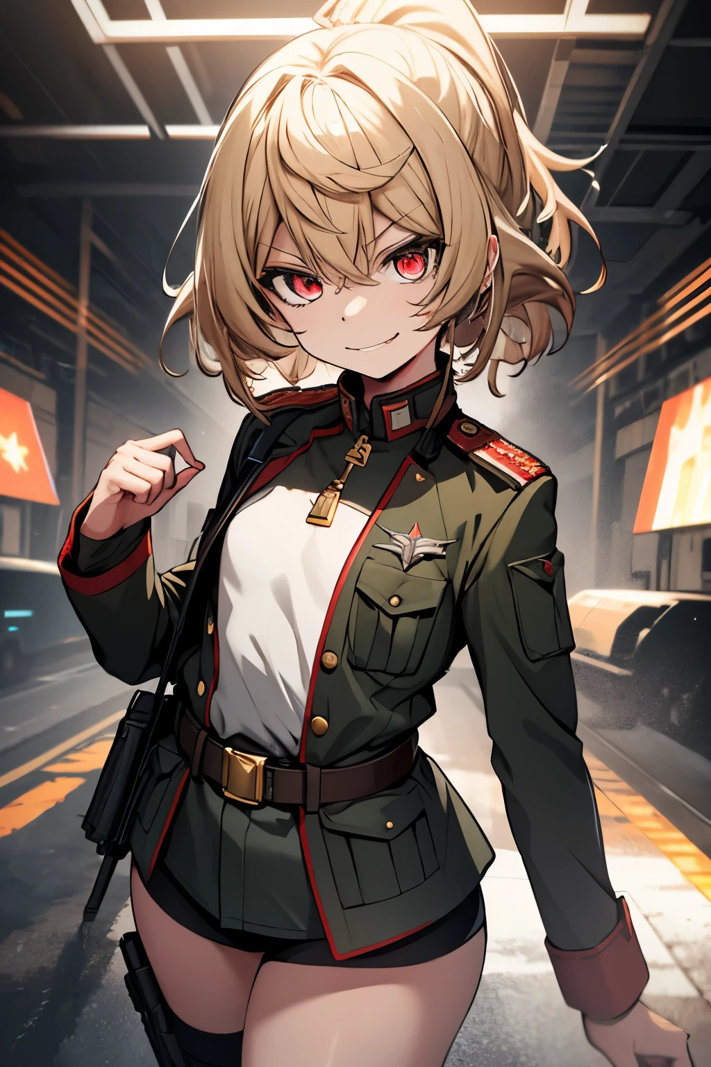 (masterpiece, best quality: 1.1), 1girl solo, tanya, 1girl, solo, , flat chest, small breasts, curvy, military, military uniform, ,, evil smile, wicked expression, anger, red eyes, neutral lighting