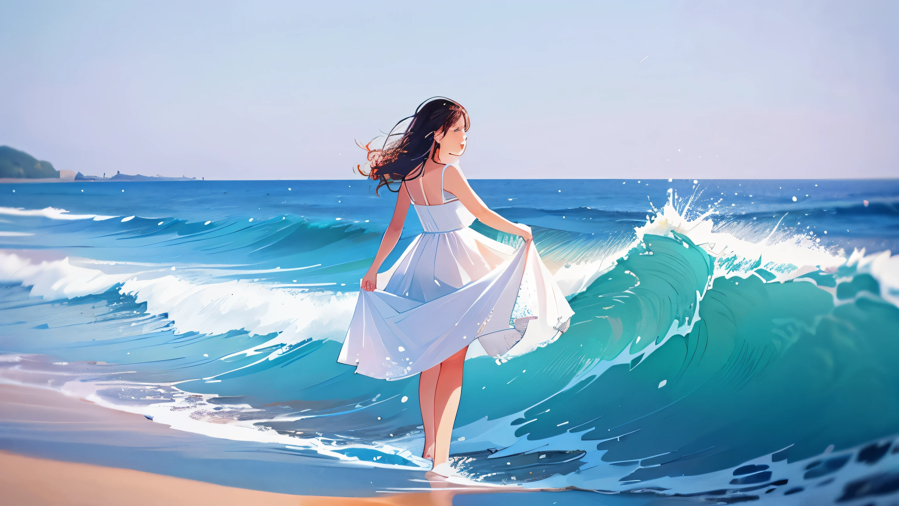 fille，porter une robe blanche，Promenade au bord de la mer，vagues éclaboussantes