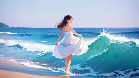 girl，wearing white dress，Walk by the sea，Splashing waves