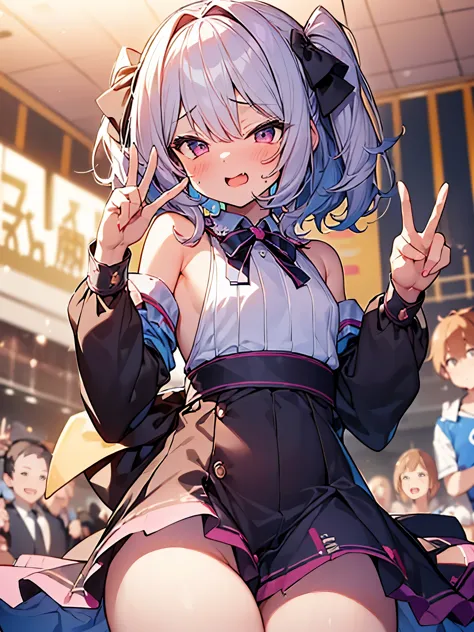 Beautiful boy dressed as a woman、Number one popular idol、live、wave to the crowd、50000 spectators、great excitement、A loud cheer echoes、(cute boy)、flat chest、
((Ahegao、heavy breathing、I feel like I&#39;m going to lose consciousness、double peace sign、hazy fac...