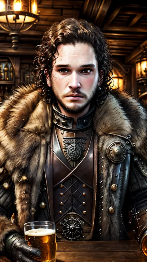 steampunkai, (kit harington) as jonsnow, curly black hair, steampunk black armor, drinking beer, in the steampunk tavern, 1man, ...