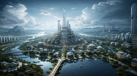 (An island city floating in the clouds),(sky cities), Fantasy style, a 3D render, futuristic utopian fantasy, Future Style, beep...