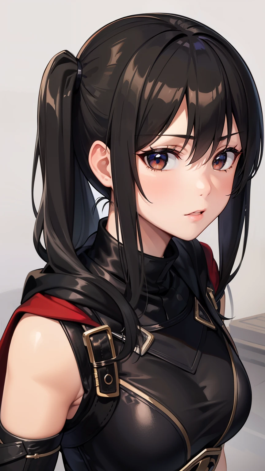 (high-quality, breathtaking),(expressive eyes, perfect face) portrait, 1girl, female, solo, adult, age 20, black hair, green eye color, long hair length, soft wavy hair, soft smile, side bangs, looking at viewer, half body, calm expression, fantasy clothing, elegant, mature, height 4"3, adventurer attire, rouge attire, rouge profession, short height, Dungeons & Dragons character, black hooded cloak, black shirt, black shorts, silver trim, pigtails hairstyle, leather armor
