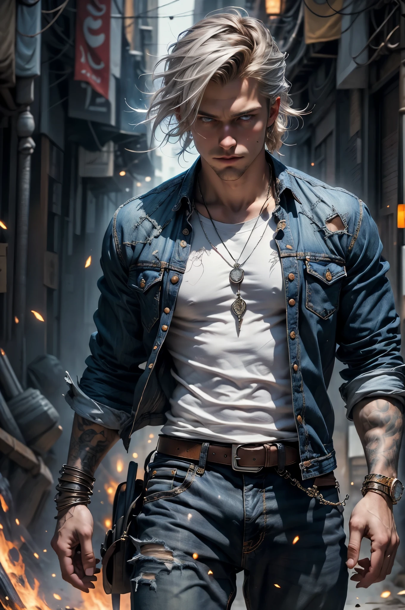 (absurdres, highres, ultra detailed), 1 male, young adult, handsome, tall muscular guy, broad shoulders, blond hair, blue eyes, finely detailed eyes and detailed face, extremely detailed CG unity 8k wallpaper, intricate details, (style-swirlmagic:1.2), portrait, looking at viewer, solo, (full body:0.6), dynamic pose, detailed background, warrior mage, blue aura, casting a spell, tangle, zentangle, entangle, wearing jean jacket, silver amulet, (wearing white t-shirt:1.3), wearing worn jeans, silver detailing, sparkling blue mist, floating pieces of dirt, blue energy emanating, cowboy shot, urban area, night,
