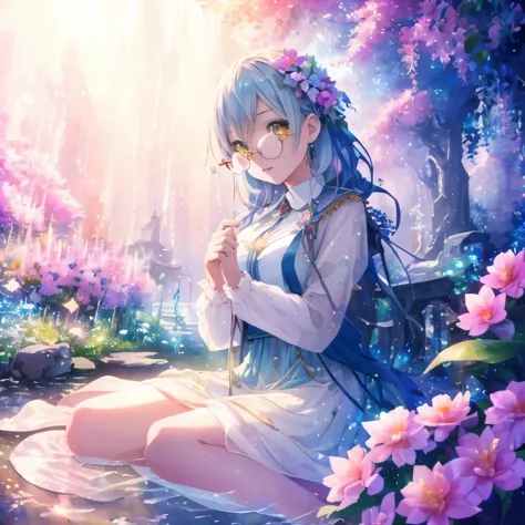 (high quality, 8k), (soft light), Rainbow-colored, one girl, detailed face, fine eyes, watercolor paiting,  so magical and dreamy, dreamy and detailed, dreamy atmosphereとドラマ, gorgeous atmosphere, fantastic beautiful lighting, dreamy atmosphere, beautiful a...