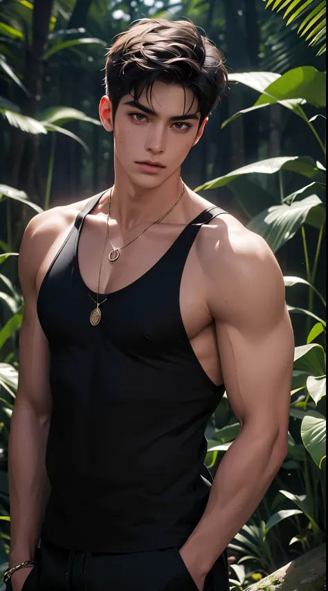 1 boy,Handsome，tall and strong,perfect male figure, eyes looking at camera, ((tanned skin)),forest，primitive，feather hair accessories，Oil paint on the face，black hair,serious expression,Beast tooth necklace,Ray tracing