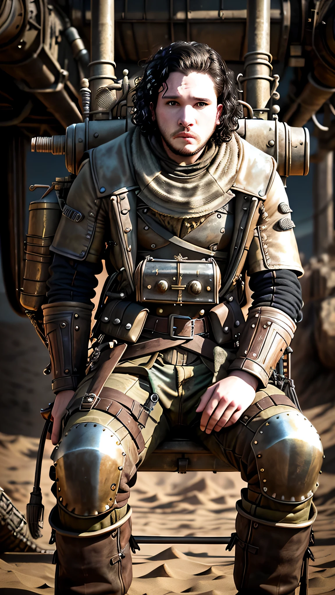 dieselpunkai, (Kit Harington) as jonsnow, ((short curly black hair)), dieselpunk leather black suit, ((sitting on a dieselpunk big motorbike)), in a desert, 1man, solo, beautiful detailed glow, detailed, cinematic light, intricate detail, realistic, highres, detailed facial features, high detail, sharp focus, smooth, aesthetic, extremely detailed, stamp, octane render