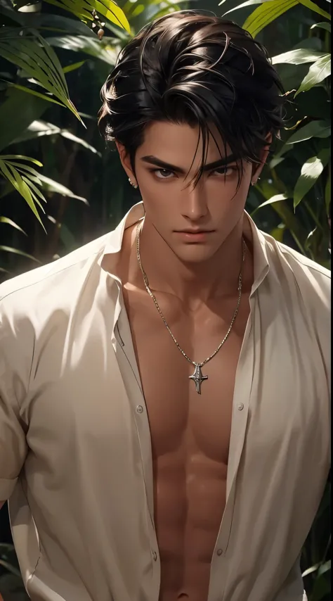 1 boy,Handsome，tall and strong,perfect male figure, eyes looking at camera, ((tanned skin)),forest，feather hair accessories，black hair,serious expression,necklace,Ray tracing