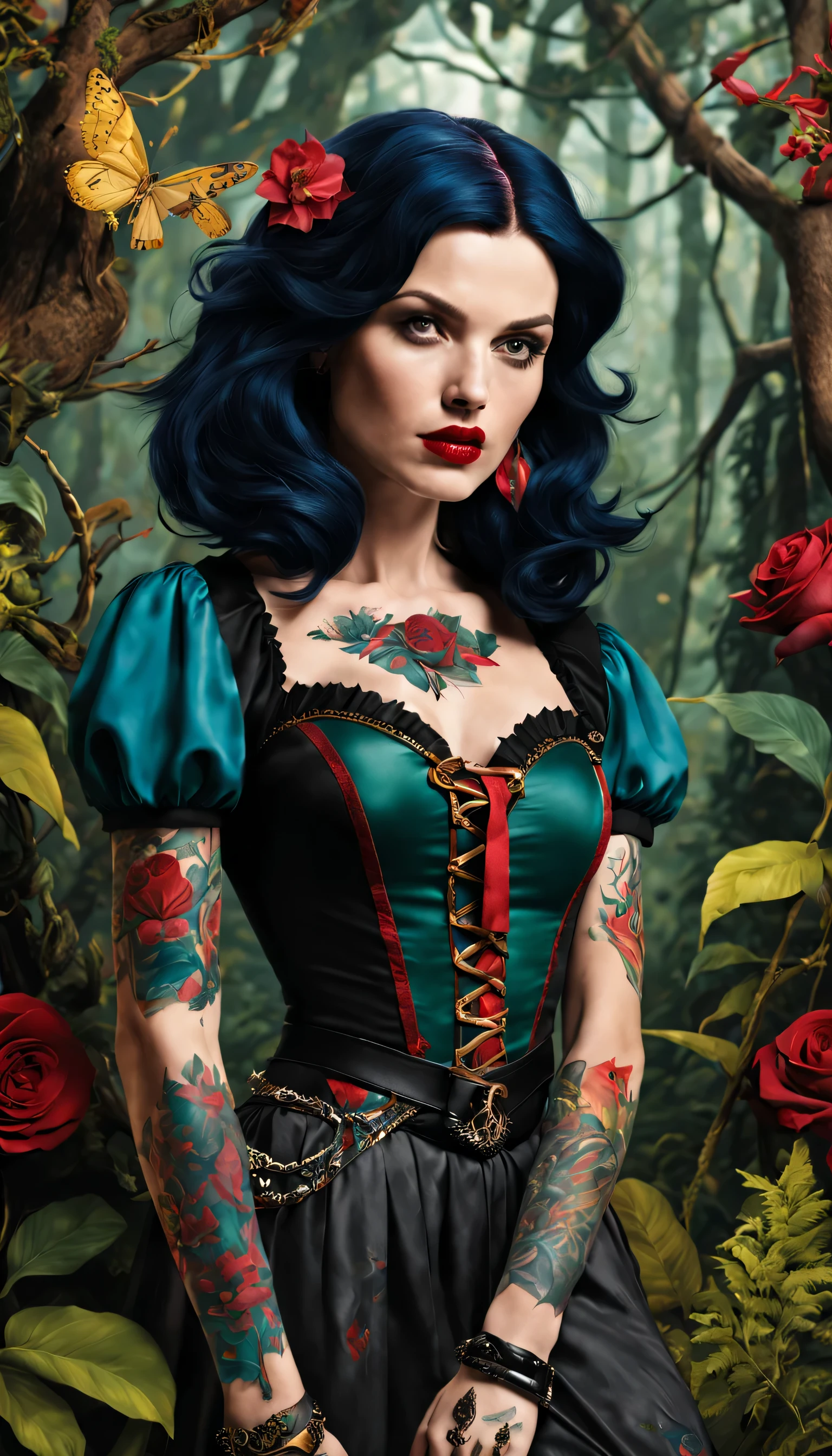 Imagine a grown-up Snow White with an alternative, enchanted forest punk aesthetic. In a dynamic pose amid magical flora, she wears edgy attire with nature-inspired details. Tattoos of enchanted creatures and symbols adorn her, showcasing her resilience and rebellious spirit." 