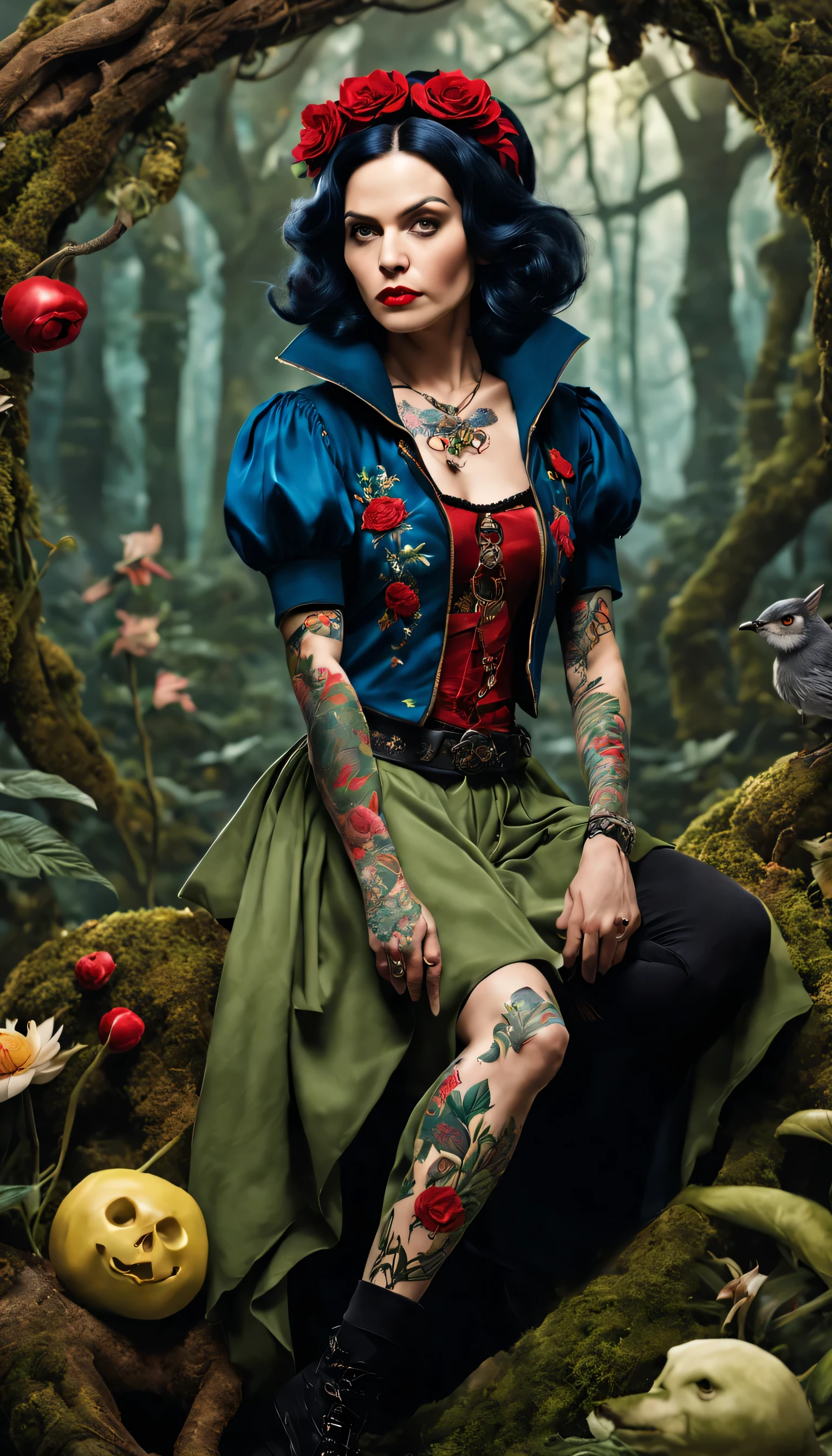 Imagina una Blancanieves adulta con una alternativa, estética punk del bosque encantado. En una pose dinámica en medio de la flora mágica, lleva ropa vanguardista con detalles inspirados en la naturaleza. Tatuajes de criaturas encantadas y símbolos adornan su cuerpo, mostrando su resistencia y espíritu rebelde." 