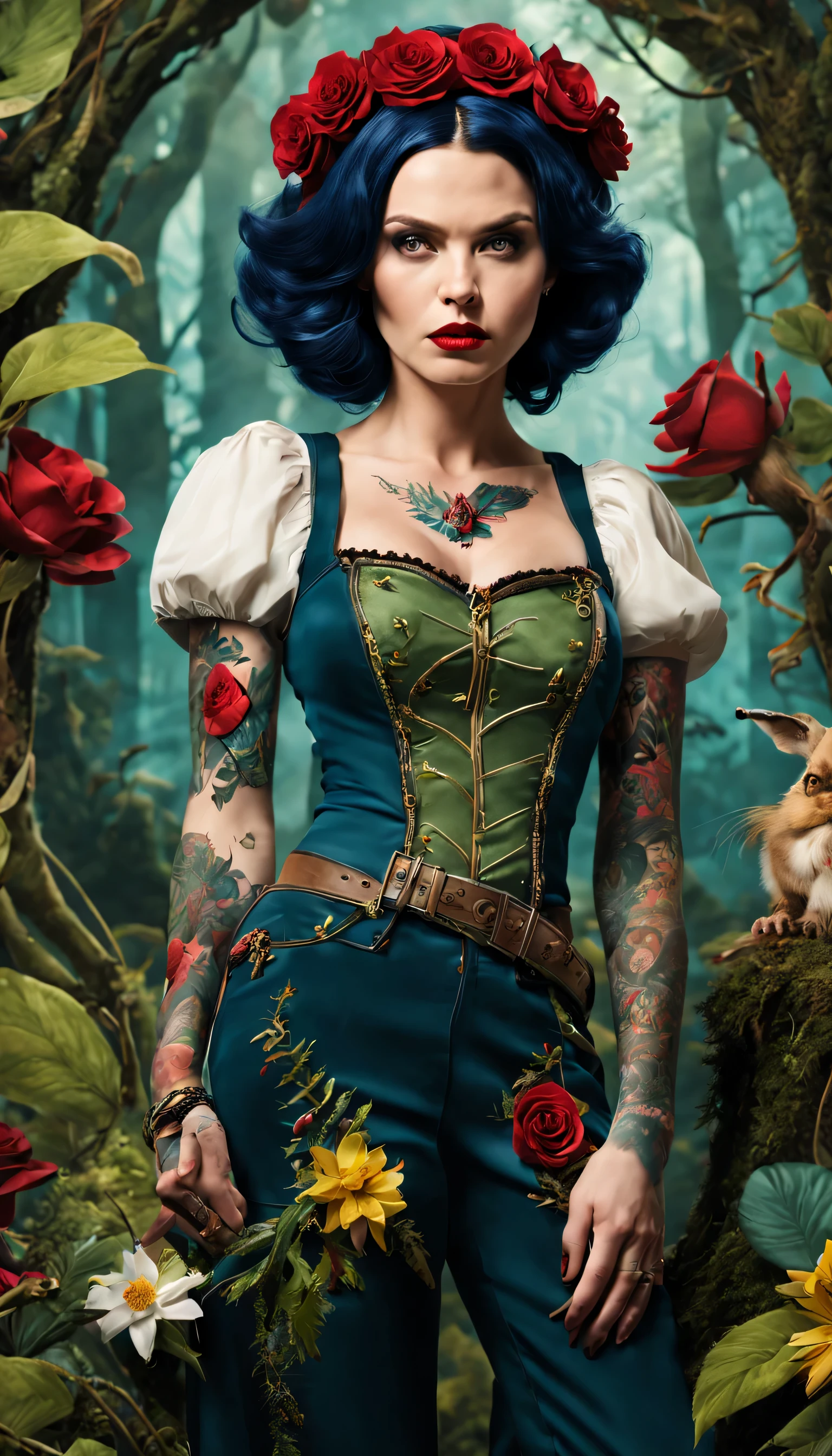 Imagine a grown-up Snow White with an alternative, enchanted forest punk aesthetic. In a dynamic pose amid magical flora, she wears edgy attire with nature-inspired details. Tattoos of enchanted creatures and symbols adorn her, showcasing her resilience and rebellious spirit." 