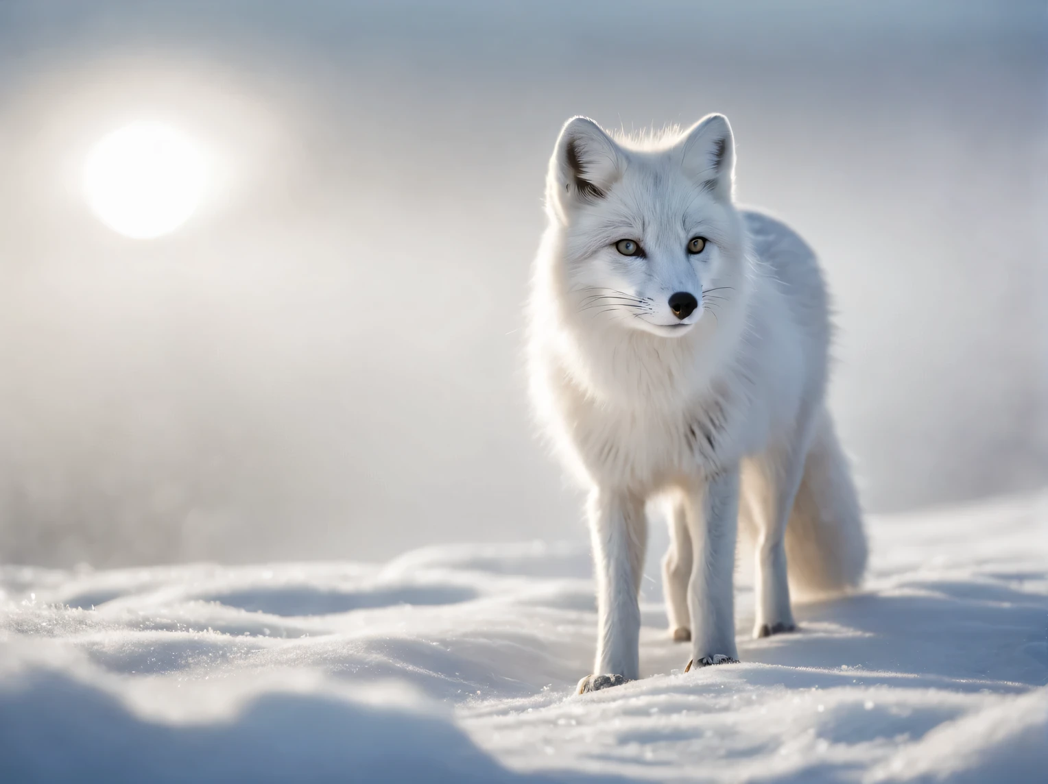 фото Sony a7R V FE 70-200mm f./2.8 US II Grandmasters from a lower angle, Arctic fox walks through the snow to the camera lens and sniffs it, close-up, in the background there is a light frosty fog with a halo