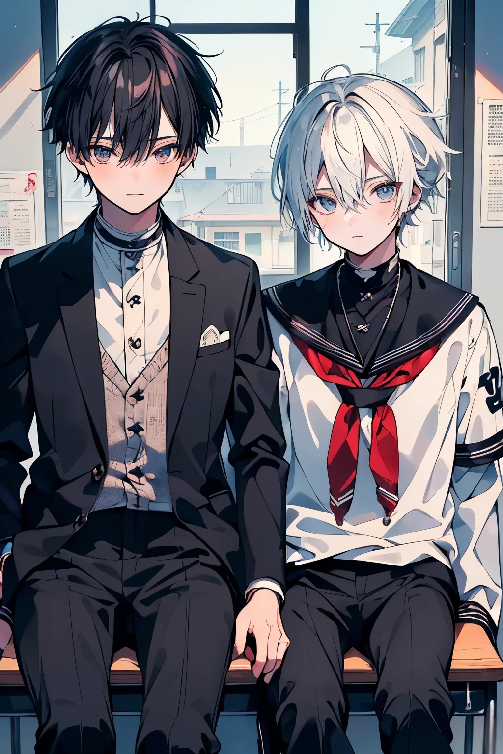 Anime boy and girl sitting on a bench in front of a window - SeaArt AI