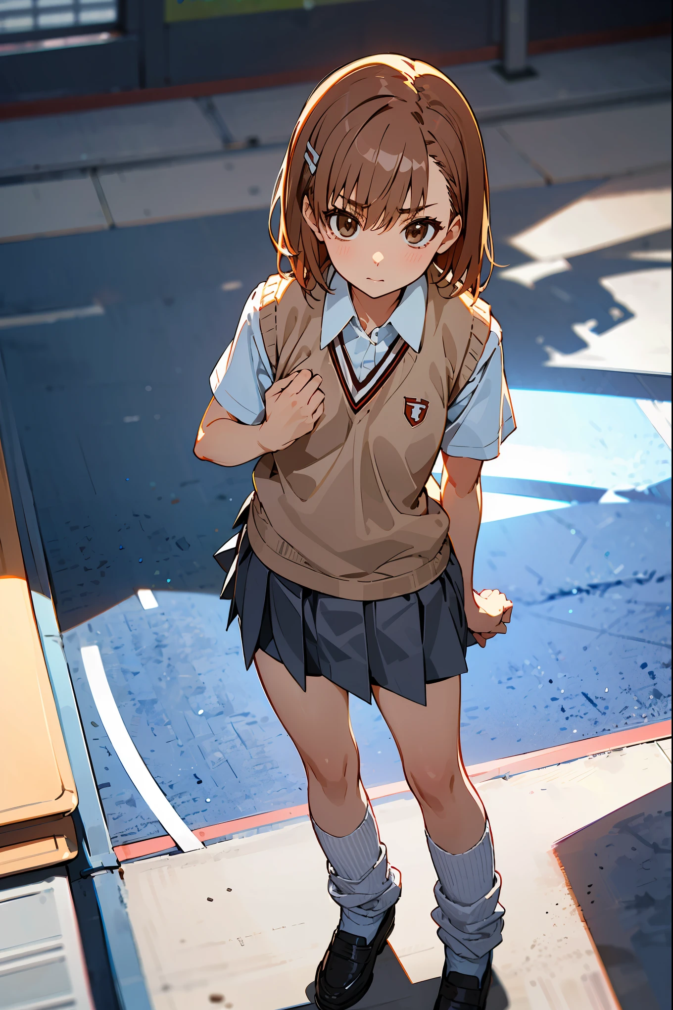  masterpiece,beste Quality, Misaka_mikoto,solo, brown eyess, Short_Hair, Small_Breast, looking at the viewers　Student uniforms, tokiwadai_School_uniform, whiteshirt, Sweater Vest, Gray miniskirt, , White loose socks, shoes, standing、