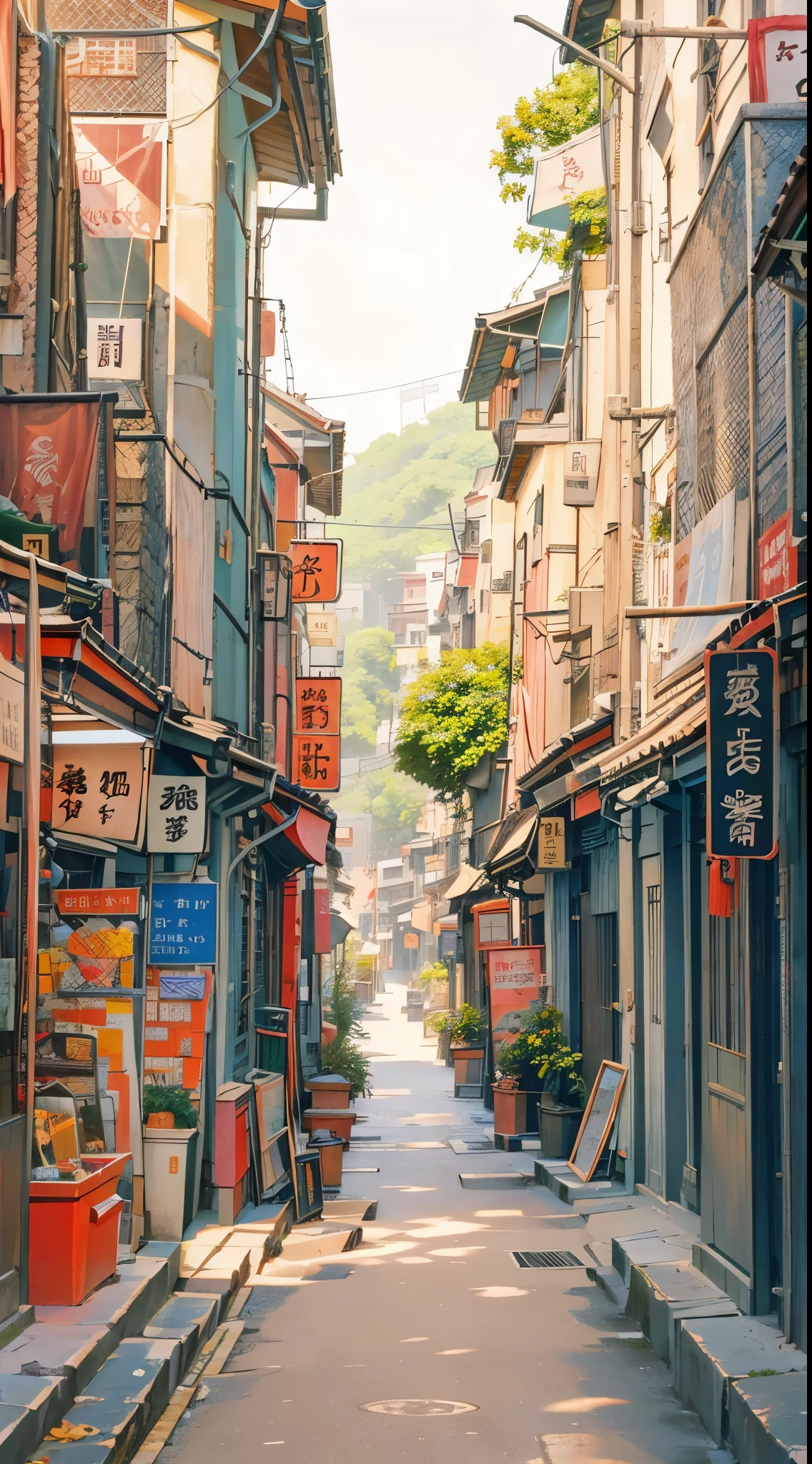 a narrow street with many signs on it, in a narrow chinese alley, artwork of a hong kong street, narrow and winding cozy streets, alleys, alley, green alleys, shanghai, city street view background, china town, street of hong kong, green alley, alleyway, Chiba Yudai, narrow street, narrow footpath, blue sky, cloudy