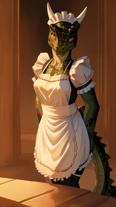 anime, hdr, soft light, ((best quality)), ((masterpiece)), (detailed), lustyargonian, maid, colored skin, green skin, maid headd...