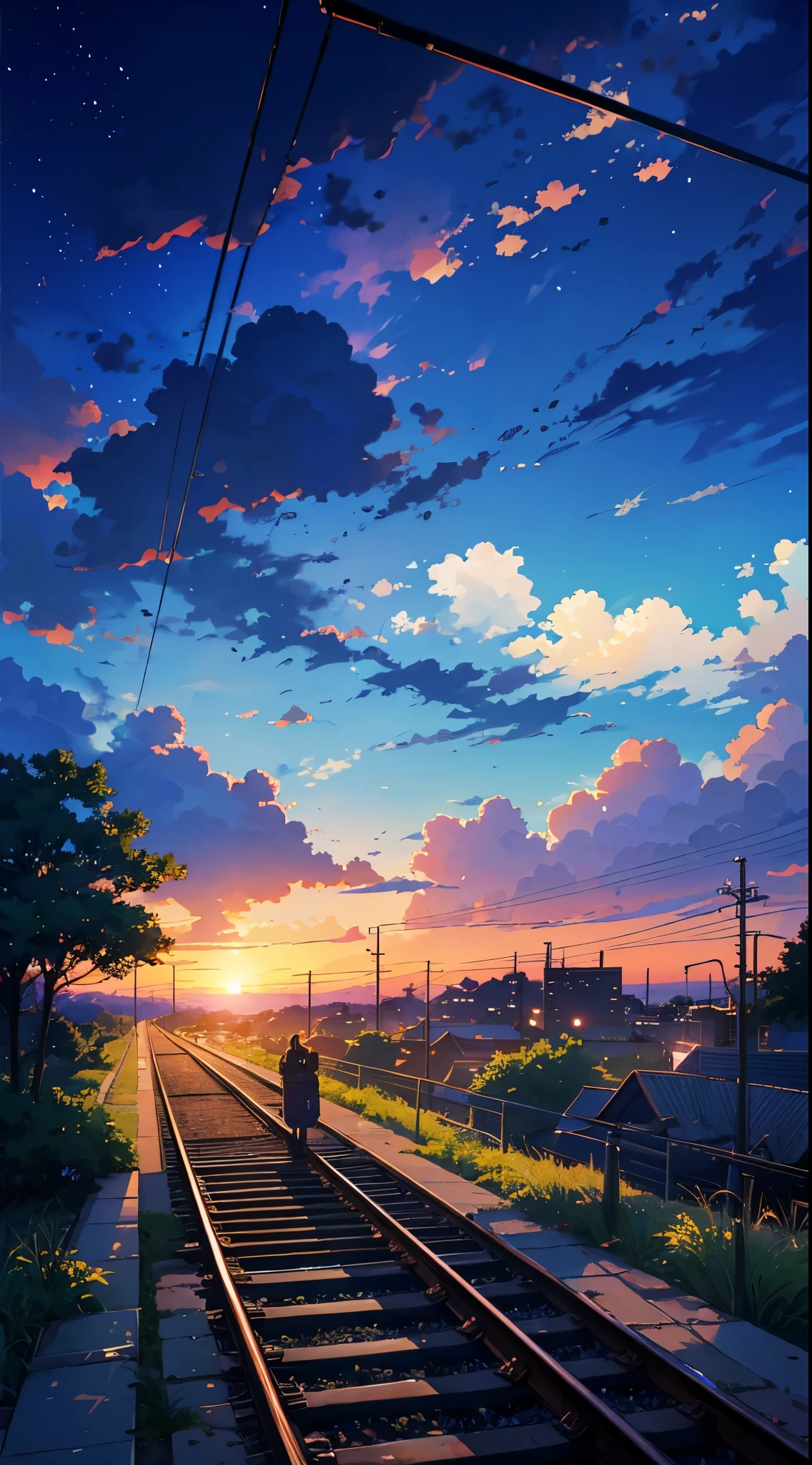 um trilho de trem com um pôr do sol ao fundo, anime. por Makoto Shinkai, céus cósmicos. por Makoto Shinkai, estilo de arte makoto shinkai, Makoto Shinkai e (Caim Kuga), por Makoto Shinkai, por Makoto Shinkai, cenário de anime, estilo de Makoto Shinkai, paisagem de anime, paisagem de anime wallpaper