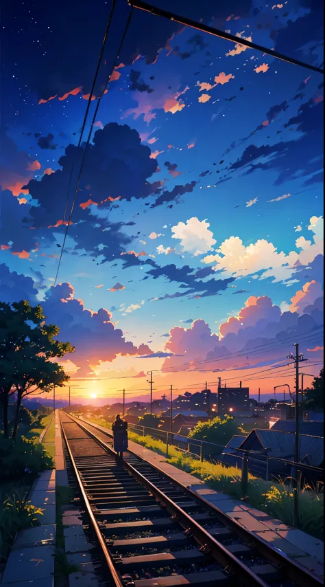 a train track with a sunset in the background, anime. by makoto shinkai, cosmic skies. by makoto shinkai, makoto shinkai art style, makoto shinkai and (cain kuga), by makoto shinkai, by Makoto Shinkai, anime scenery, style of makoto shinkai, anime landscap...