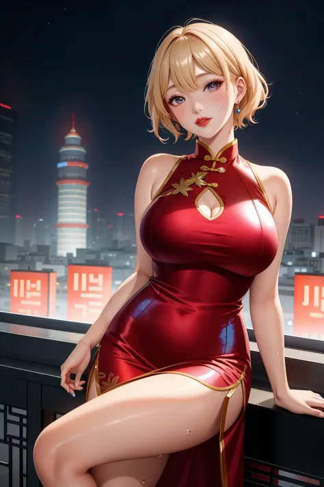 Korean Idols　A MILF　Wavy blonde with bangs　Shorthair　Plump lips　Shiny metallic blue cheongsam long dress 　((Dressing))　Looking a...