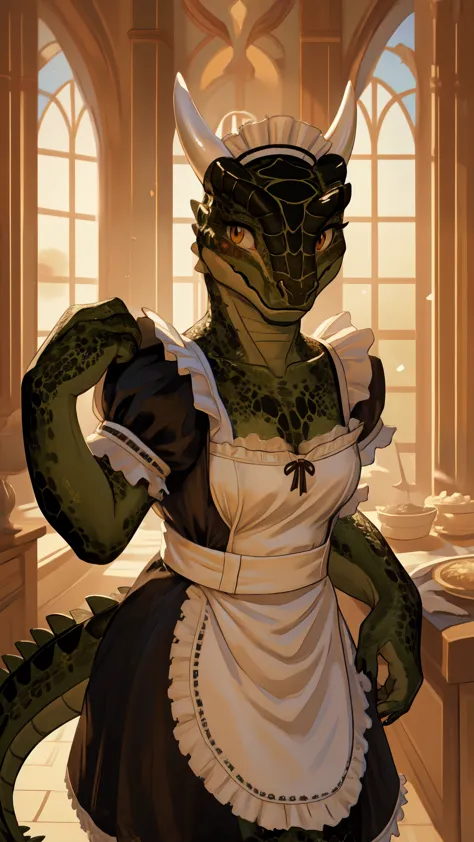 anime, hdr, soft light, ((best quality)), ((masterpiece)), (detailed), lustyargonian, maid, colored skin, green skin, maid headd...