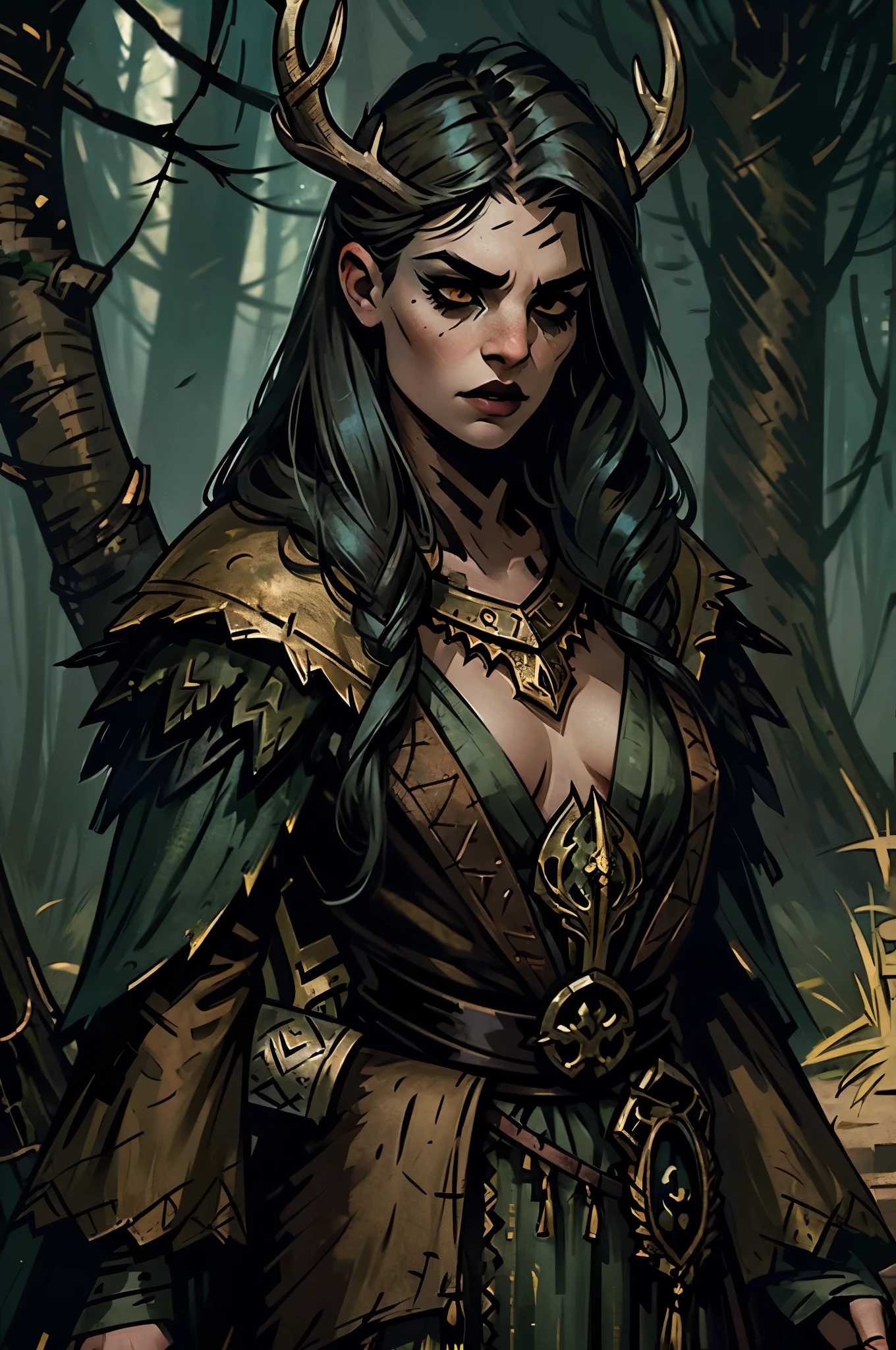 Dark Fantasy, Gloomy forest, Attractive young girl, The Forest Witch, golden eyes, Black Eye Makeup, black tattoos on the face, branches in the hair that look like deer antlers, feathers in hair, dark shabby clothes, Celtic patterns on the body, Beautiful face