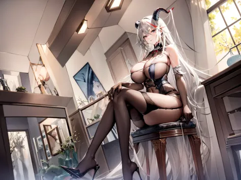 masterpiece, best quality, long gray hair, blonde hair, blue eyes,  big breasts, indoors, Windows, wide hips,vup vertical painting，sitting position，bare legs，High heel，full-body shot