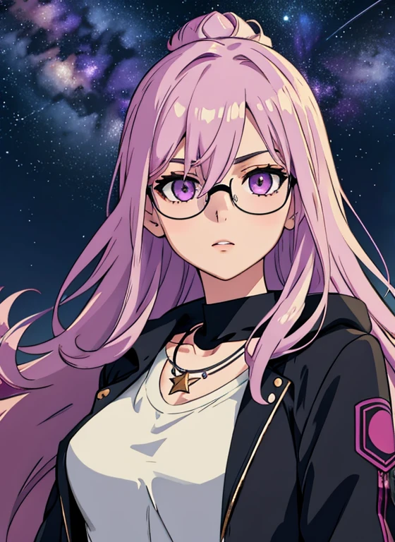 4k, small parts, Masterpiece, high quality eyes, highly detailed painting, soft shadows, best character art , 1 girl, Polar Lights, bang, black Necklace, Breast, Necklace, glasses on head, galaxy, gloves, hair between eyes, jacket, Jewelry, large Breast, Light particles, long hair, long sleeves, I look at the viewer, Milky Way, night, night sky, pink eyes, purple eyes, purple hair, shooting star, sidelocks, sky, One, space, star \(sky\), starry background, starry sky, Sunglasses, Upper body