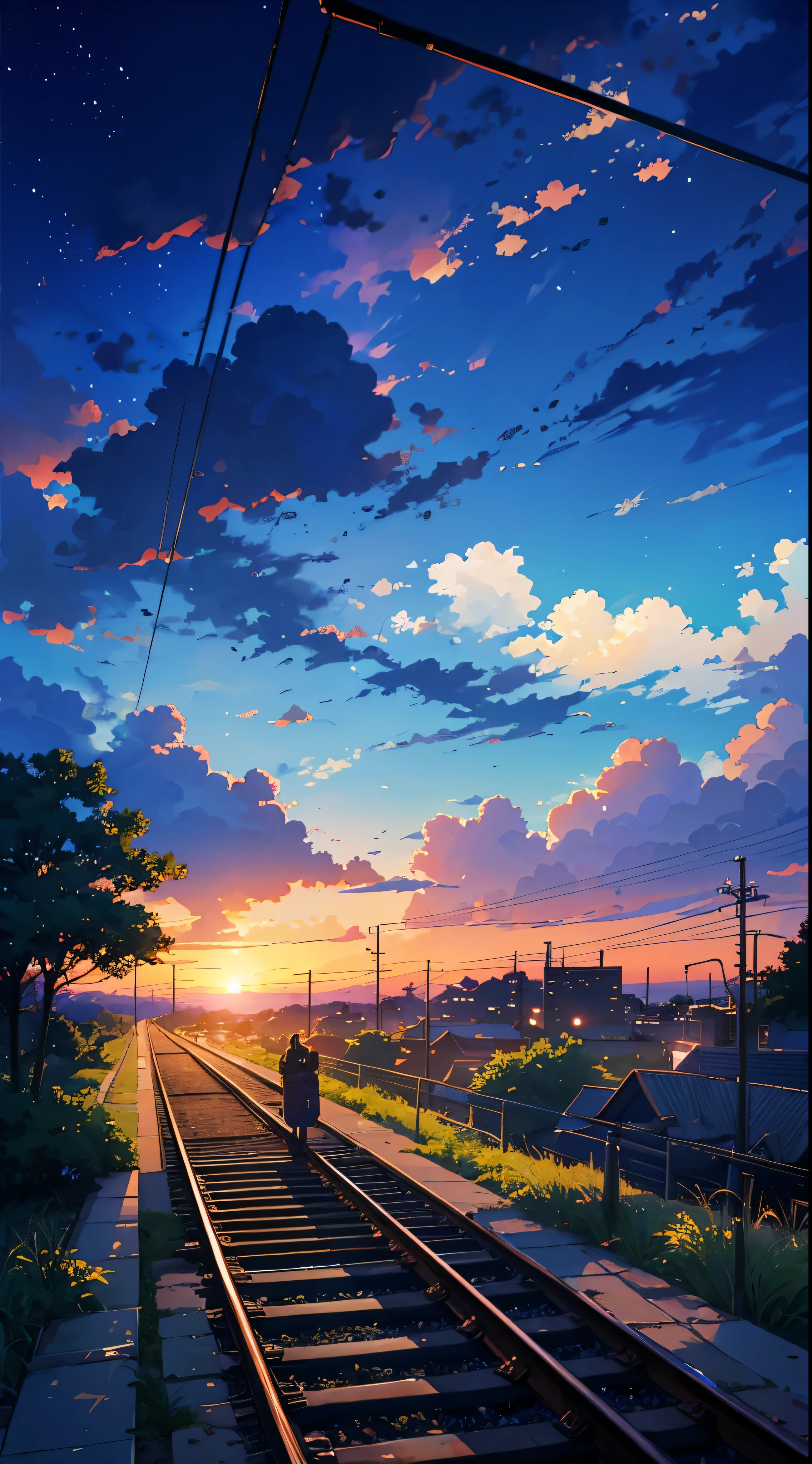 eine Bahnstrecke mit einem Sonnenuntergang im Hintergrund, Anime-Serie. von Makoto Shinkai, kosmischer Himmel. von Makoto Shinkai, Kunststil von Makoto Shinkai, Makoto Shinkai und (Kain Kuga), von Makoto Shinkai, von Makoto Shinkai, Anime-Serie scenery, Stil des Makoto Shinkai, Anime-Serie landscape, Anime-Serie landscape wallpaper