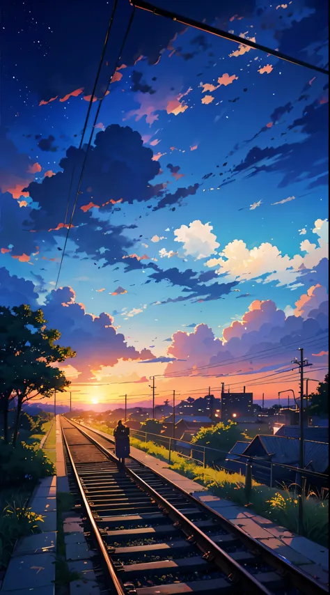 a train track with a sunset in the background, anime. by makoto shinkai, cosmic skies. by makoto shinkai, makoto shinkai art sty...
