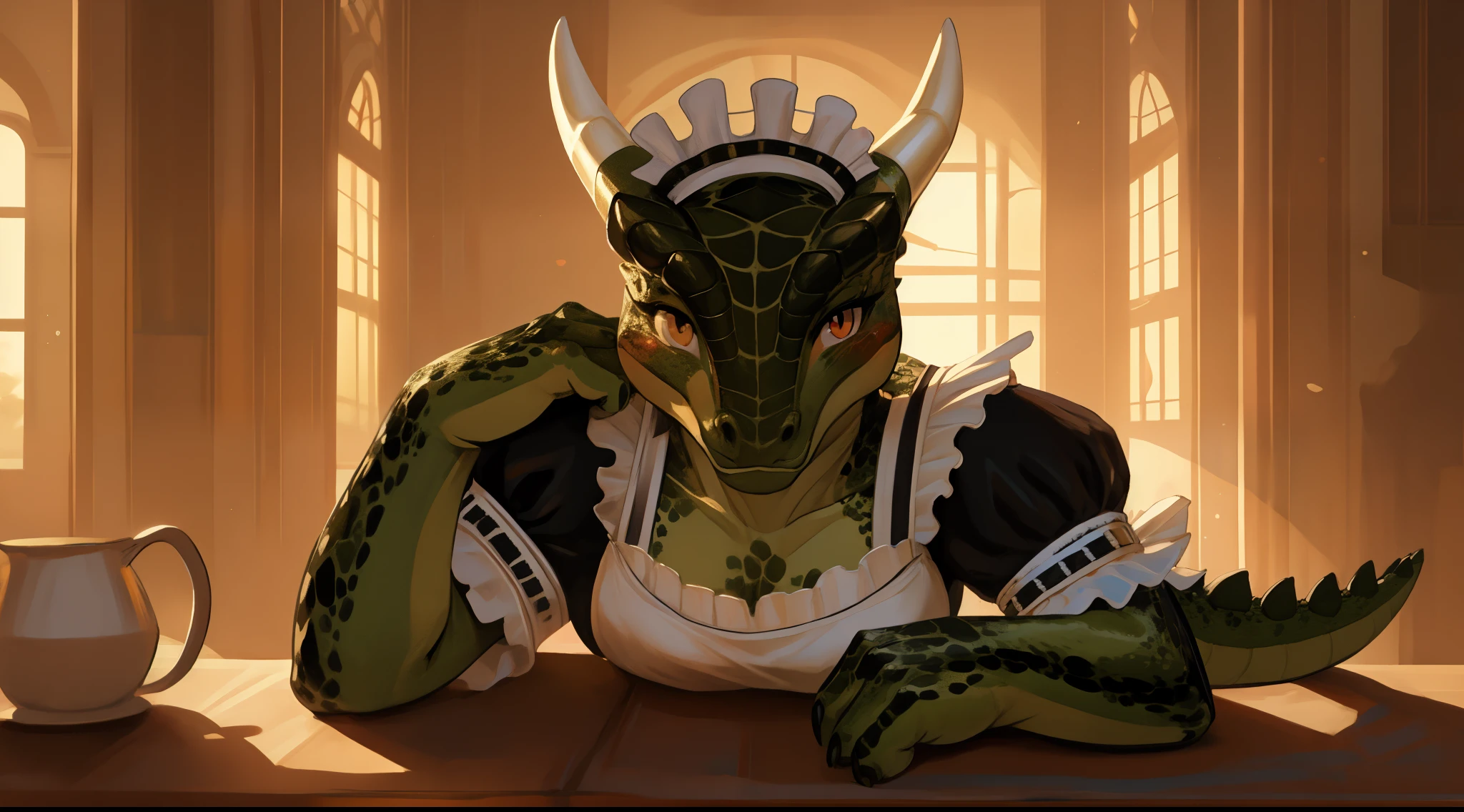 anime, hdr, soft light, ((best quality)), ((masterpiece)), (detailed), lustyargonian, maid, colored skin, green skin, maid headdress, tail, horns, (scales:1.2), (snout, animal nose:1.1), blush, embarrassed, (looking at viewer:1.1), cowboy shot,  (sexy Seductive pose:1.5), mansion, (nsfw:0.35)