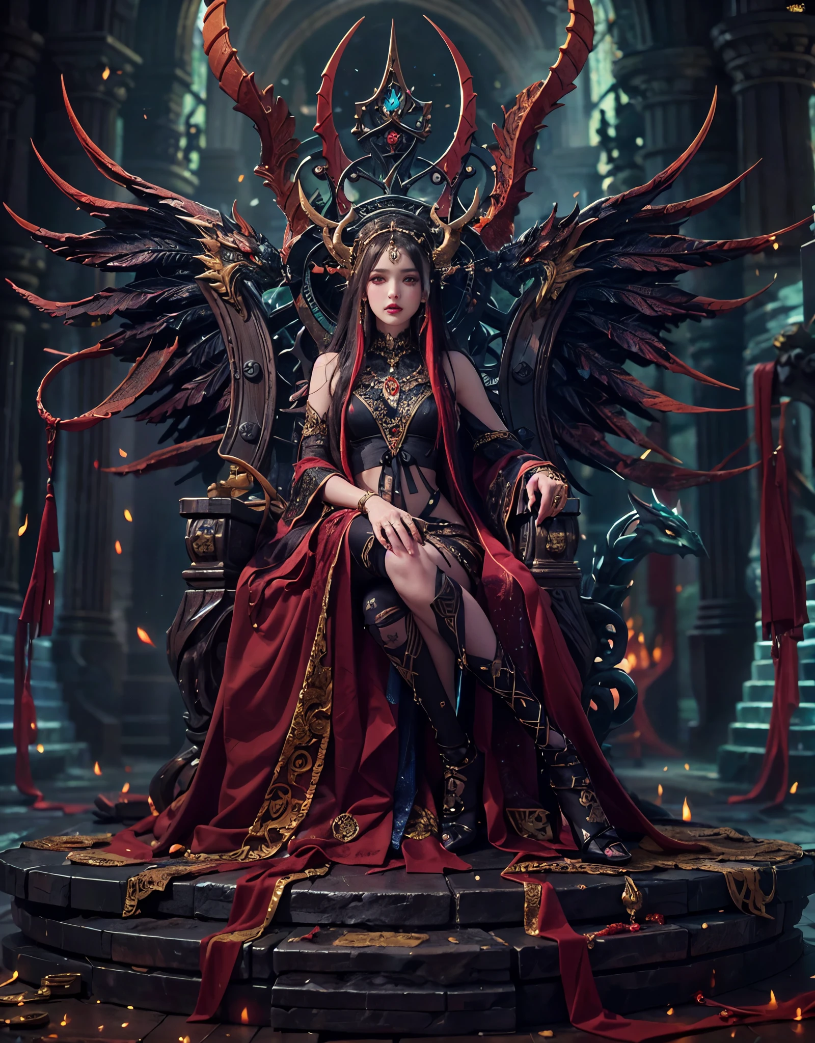 8k, RAW photo, best quality, masterpiece, realistic, photo-realistic, clear, professional lighting, beautiful face, best quality,ultra high res

female demon lord,eternal youth,25 years old,long hair,complex braids,decorations,deep red hair,jet black hair,vivid red eyes,golden eyes,eyeliner,dark lipstick,dark-toned dress,,magical gems,jewelry,crown,luxurious throne,dragon sculptures,magical symbols,sinister,exquisite decorations,crossing legs,resting cheek in hand,(full body:1.4) visible　A large throne decorated with ominous yet, luxurious and precise carvings,(A sexy draped dress with a loose-fitting belly button that shows a lot of skin,:1.5)A very fine devil's horn with a very complicated structure grows from its head, and very large and ominous devil wings grow from its back.