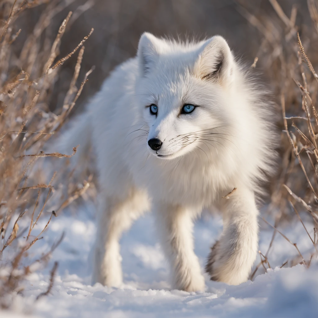 (best quality,ultra-detailed),arctic fox,deep snow,chases,mouse,quick movements,fluffy tail,sharp teeth,intense gaze,white fur,icy blue eyes,freezing wind,subzero temperatures,snow-covered landscape,northern lights,glowing moonlight,harsh winter,icy breath,pristine wilderness,playful jumps,paw prints in the snow,stealthy predator,escape maneuvers,elusive prey,hunting instincts,blizzard conditions,endless white expanse,icy silence,majestic hunter,graceful leaps,ferocious determination,seamless camouflage,cold environment,heart-pounding pursuit,inhospitable terrain.