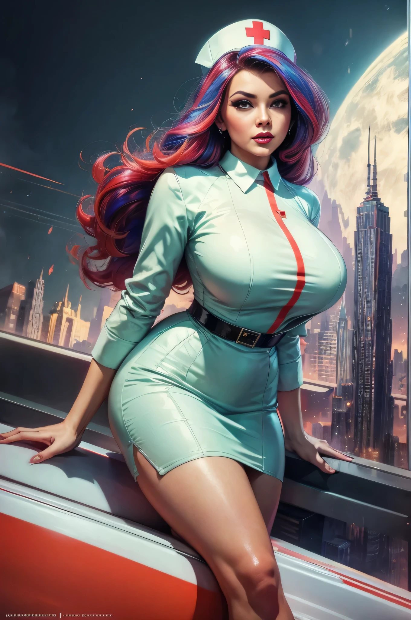 (Masterpiece, Best Quality), 8k Wallpaper, highly detailed, poster, vintage sci-fi film, 1960s, a magazine cover with sexy giant nurse towering over a tiny city, a portrait by Paul Kane, cinematic movie poster, perfect face, colorful hair, Attack of the 50 foot woman, giant woman, tiny city, lines, abstract, mid century modern, movie poster, vintage, white nurse uniform, stiletto high heel shoes, tiny destroyed skyscrapers city, retrofuturism, pulp sci fi, pulp sci-fi, 60's pulp illustration, scifi pulp, pulp book cover art, pulp scifi, old retro pulp comic cover, pulp science fiction, pulp scifi illustration, vintage scifi, skyscrapers sized under her knee