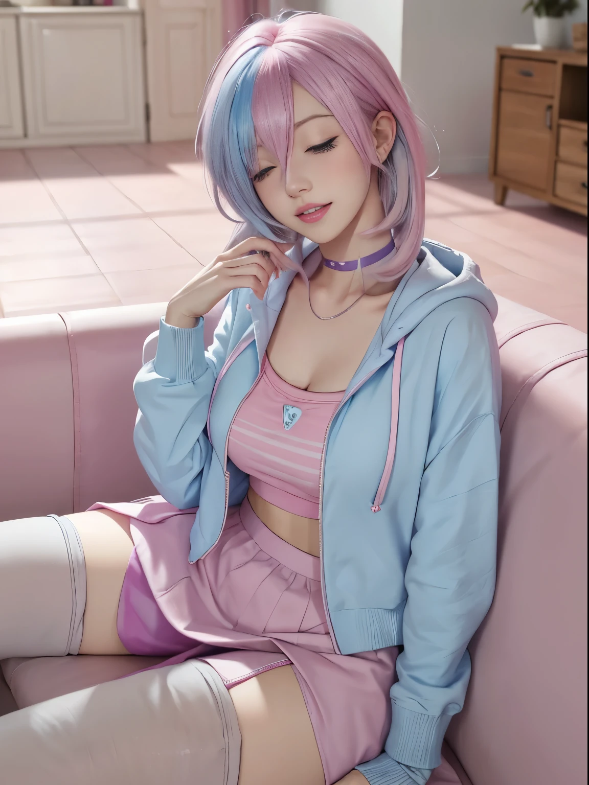 1girl, pastel, cracked dyed hair, light blue hair, pink hair, grin, teeth, skirt, sitting, couch, huge breasts, blush, pastel lipstick, cropped unzipped hoodie, eyes closed, head tilt, stockings, heavy makeup, skinny, hair over one eye, choker, cute