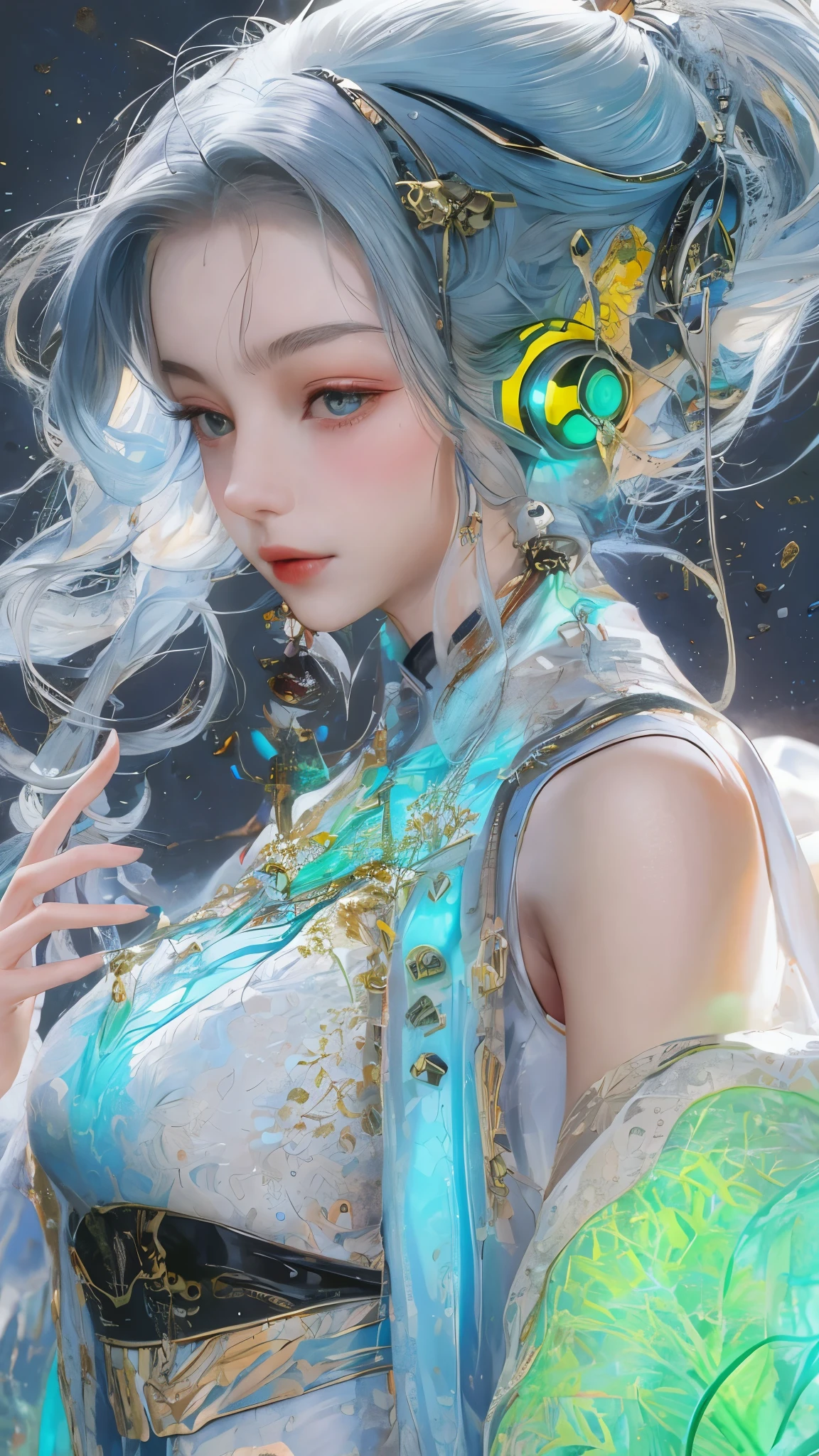 Tang suit，Chinese Hanfu，a image of a woman wearing colorful robot tech, in the style of free-flowing surrealism, shiny/glossy, precise and lifelike, hard surface modeling, precisionist lines, light silver and azure, engineering/construction and design，Luminous headphones, Luminous hair accessories, long hair, Luminous earrings, glow necklace, cyberpunk,transparent clothes